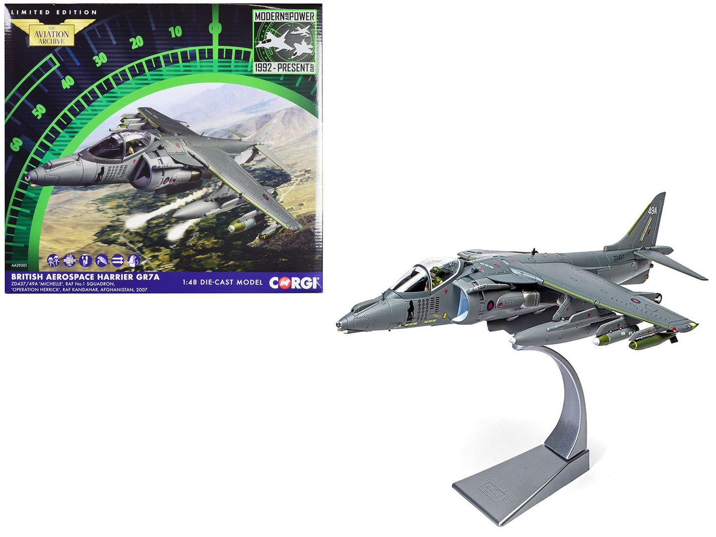 British Aerospace Harrier GR7A Aircraft "Michelle RAF No.1 Squadron Operation Herrick RAF Kandahar Afghanistan" (2007) Royal Air Force "The Aviation Archive" Series 1/48 Diecast Model by Corgi free shipping USA