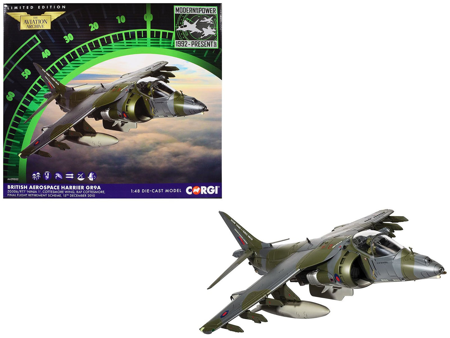 British Aerospace Harrier GR9A Aircraft "ZG506/P77 Ninja 1 RAF Cottesmore Final Flight Retirement Scheme" (2010) Royal Air Force "The Aviation Archive" Series 1/48 Diecast Model by Corgi free shipping USA