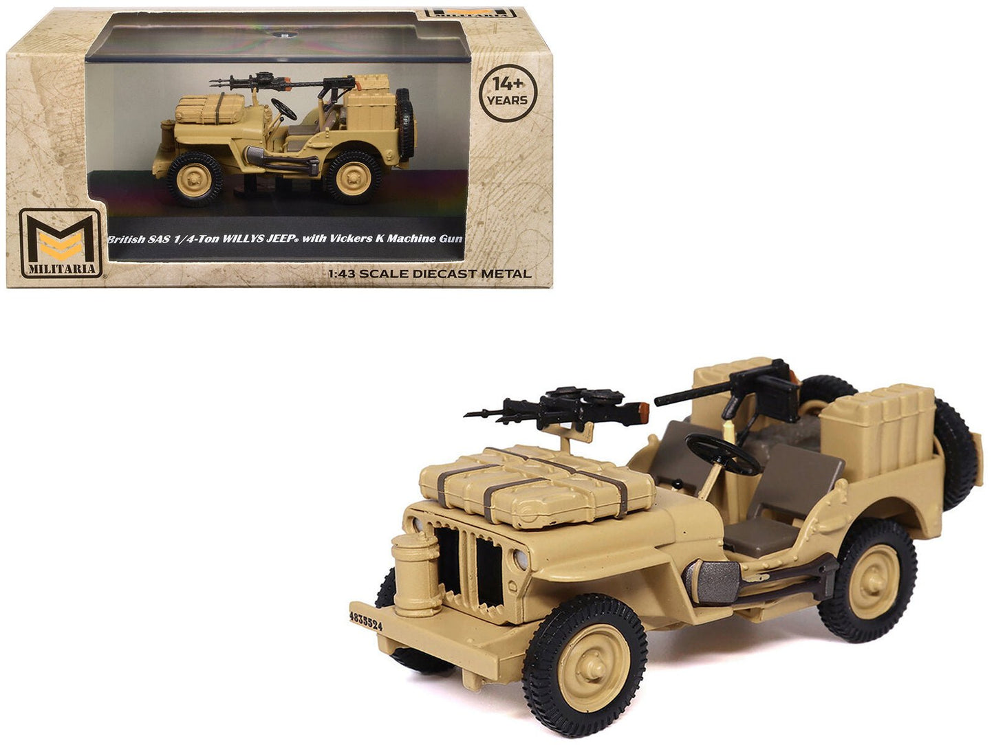British SAS 1/4-Ton Willys Jeep with Vickers K Machine Gun Desert Sand "British Royal Army" 1/43 Diecast Model by Militaria Die Cast free shipping USA