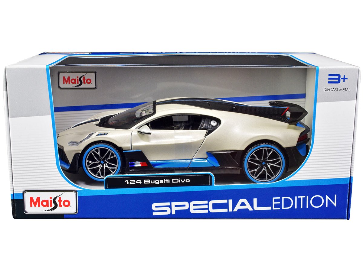 Bugatti Divo Satin White Metallic with Carbon and Blue Accents "Special Edition" 1/24 Diecast Model Car by Maisto free shipping USA