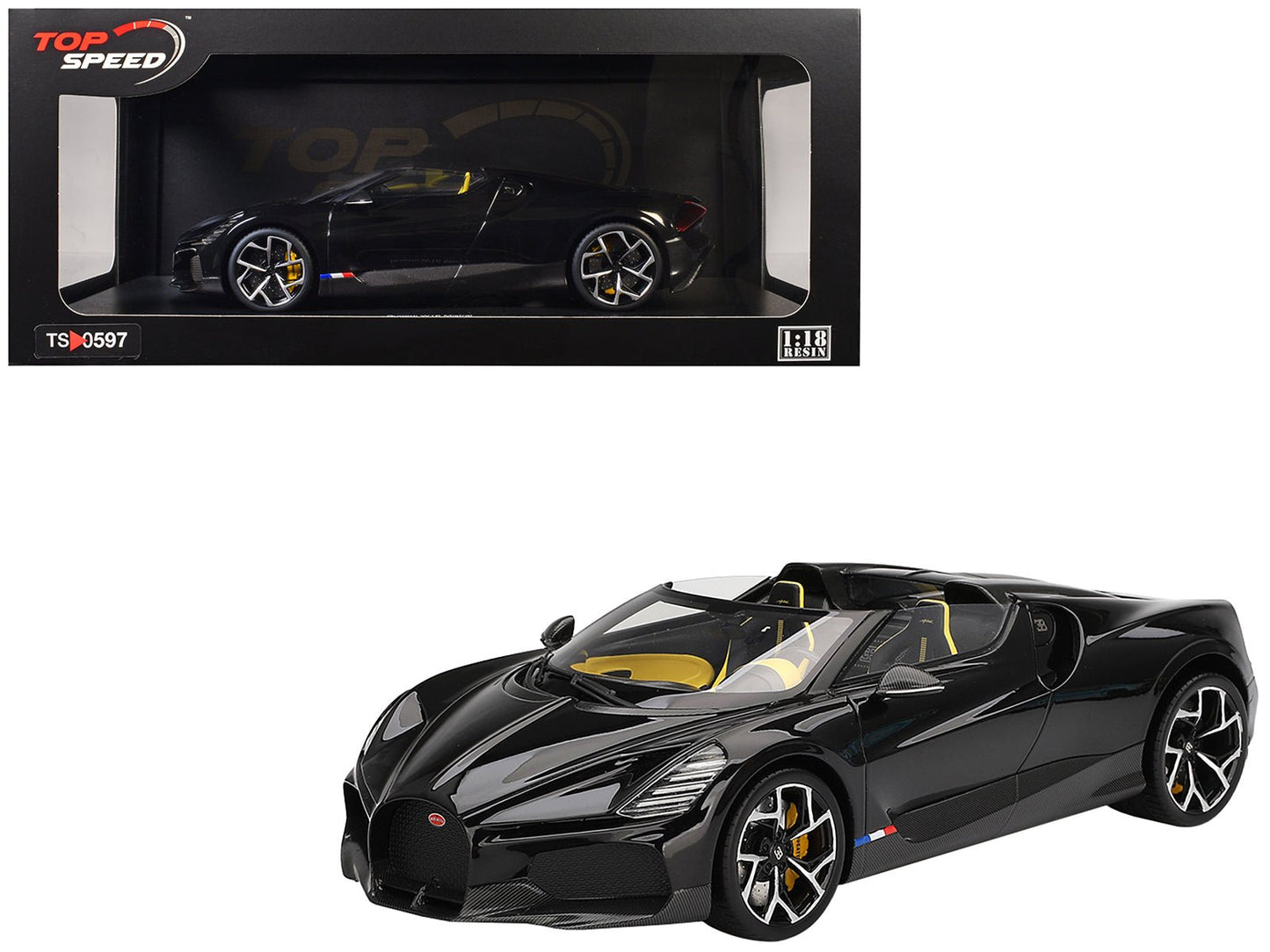 Bugatti W16 Mistral Black with Yellow Interior 1/18 Model Car by Top Speed free shipping USA