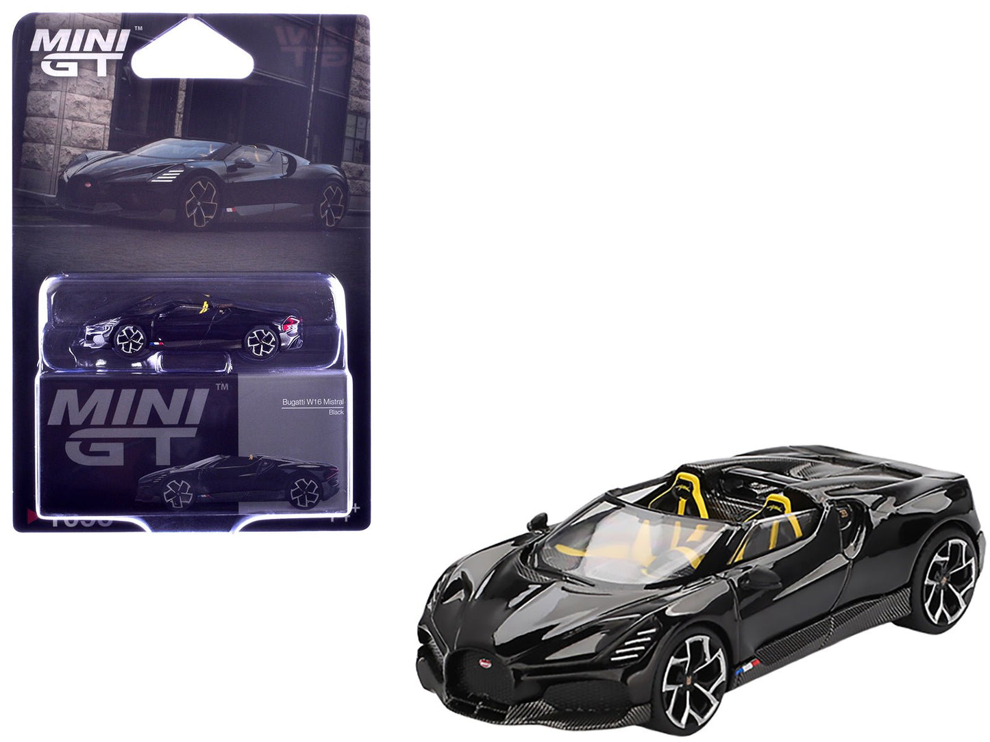 Bugatti W16 Mistral Black with Yellow Interior Limited Edition 1/64 Diecast Model Car by Mini GT free shipping USA