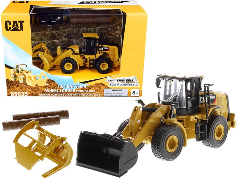 CAT Caterpillar 950M Wheel Loader with Bucket and Log Fork with Two Log Poles "Play & Collect!" 1/64 Diecast Model by Diecast Masters free shipping USA