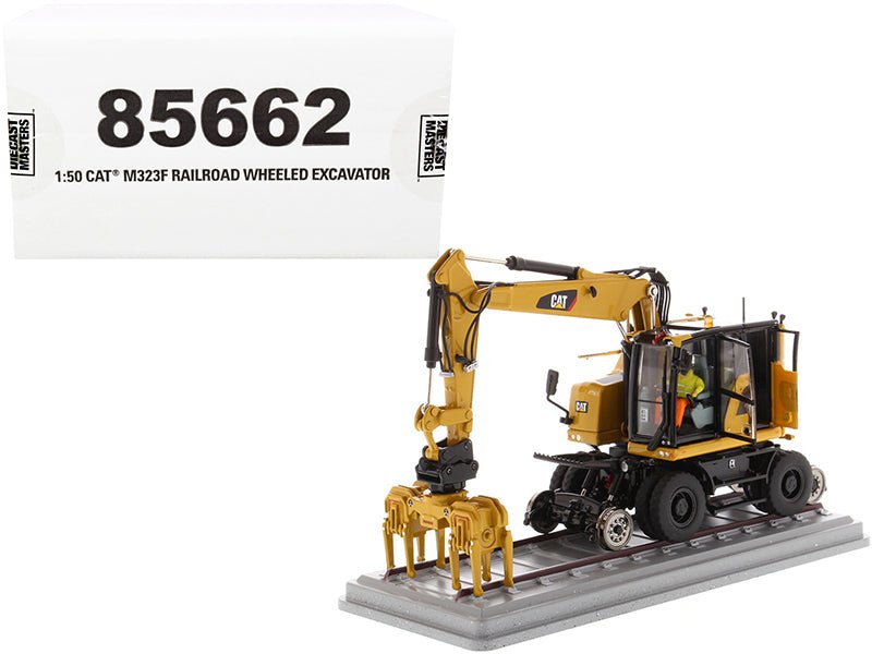 CAT Caterpillar M323F Railroad Wheeled Excavator with Operator and 3 Work Tools (CAT Yellow Version) "High Line Series" 1/50 Diecast Model by Diecast Masters free shipping USA