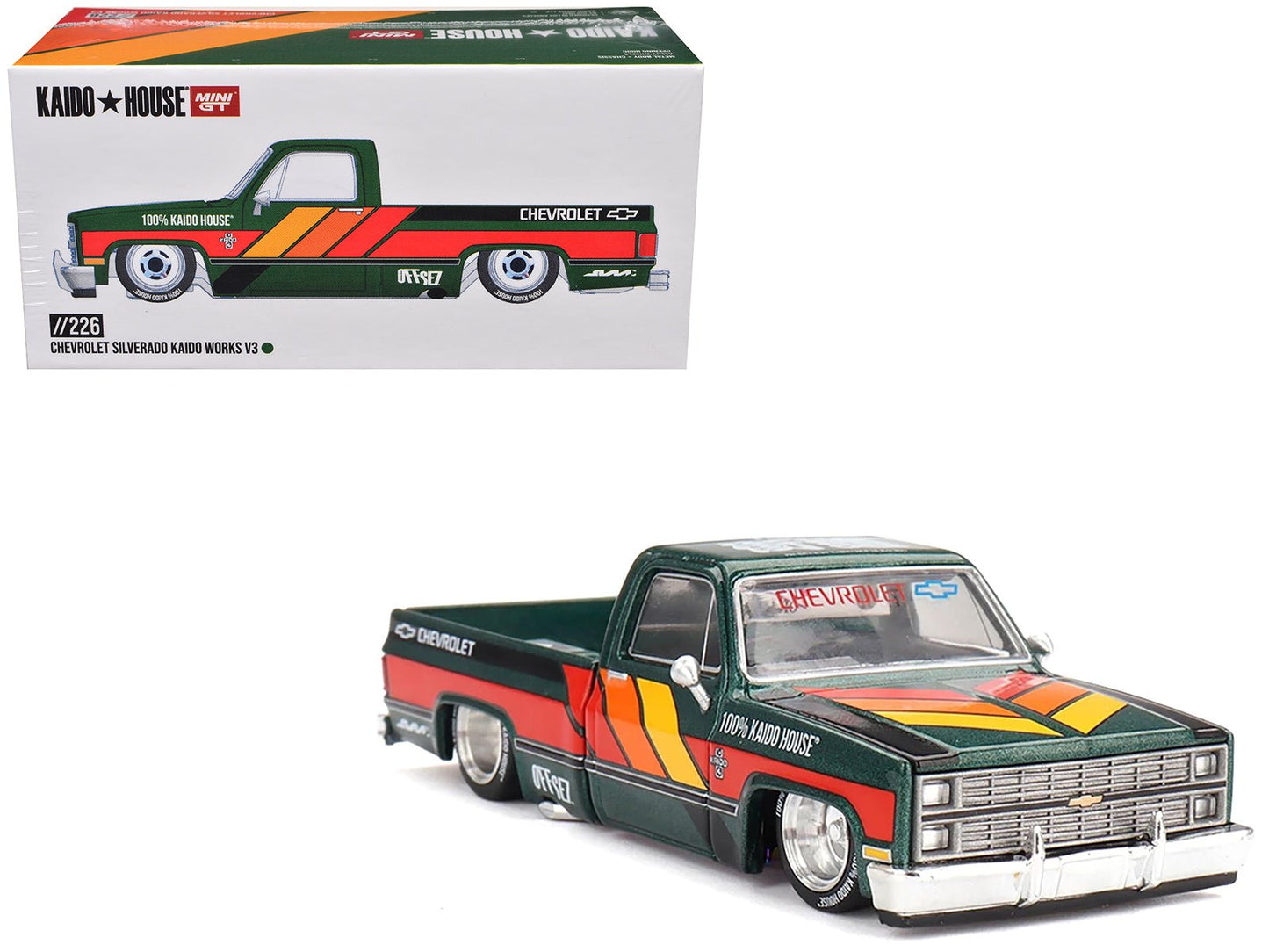 Chevrolet Silverado Pickup Truck "Kaido Works V3" Dark Green Metallic with Graphics (Designed by Jun Imai) "Kaido House" Special 1/64 Diecast Model Car by Mini GT free shipping USA