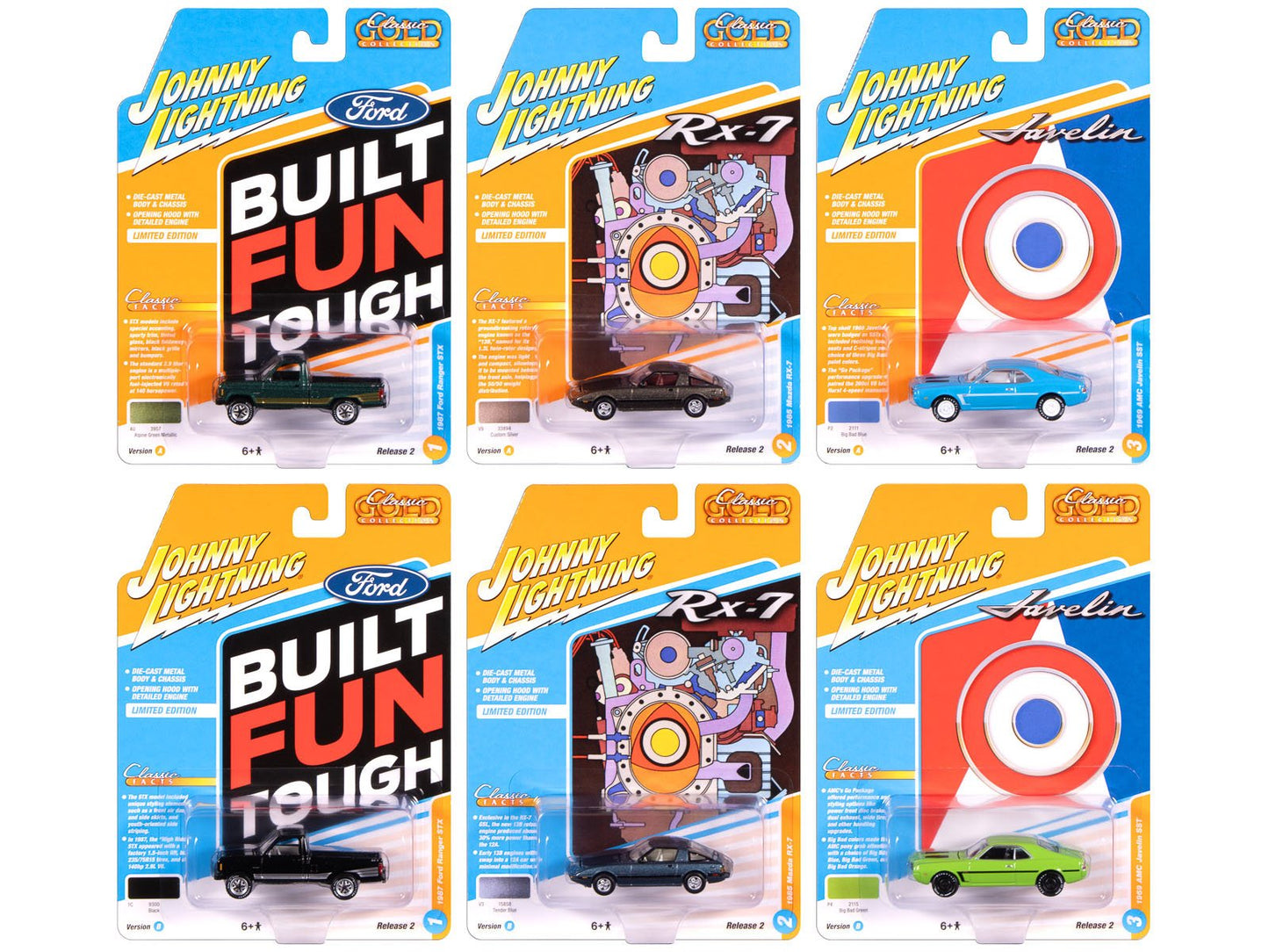 "Classic Gold Collection" 2025 Release 2 Set of 6 Cars 1/64 Diecast Model Cars by Johnny Lightning free shipping USA