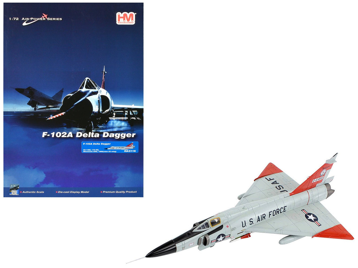 Convair F-102A Delta Dagger Interceptor Aircraft "179th Fighter Interceptor Squadron Minnesota Air National Guard" (1966) United States Air Force "Air Power Series" 1/72 Diecast Model by Hobby Master free shipping USA