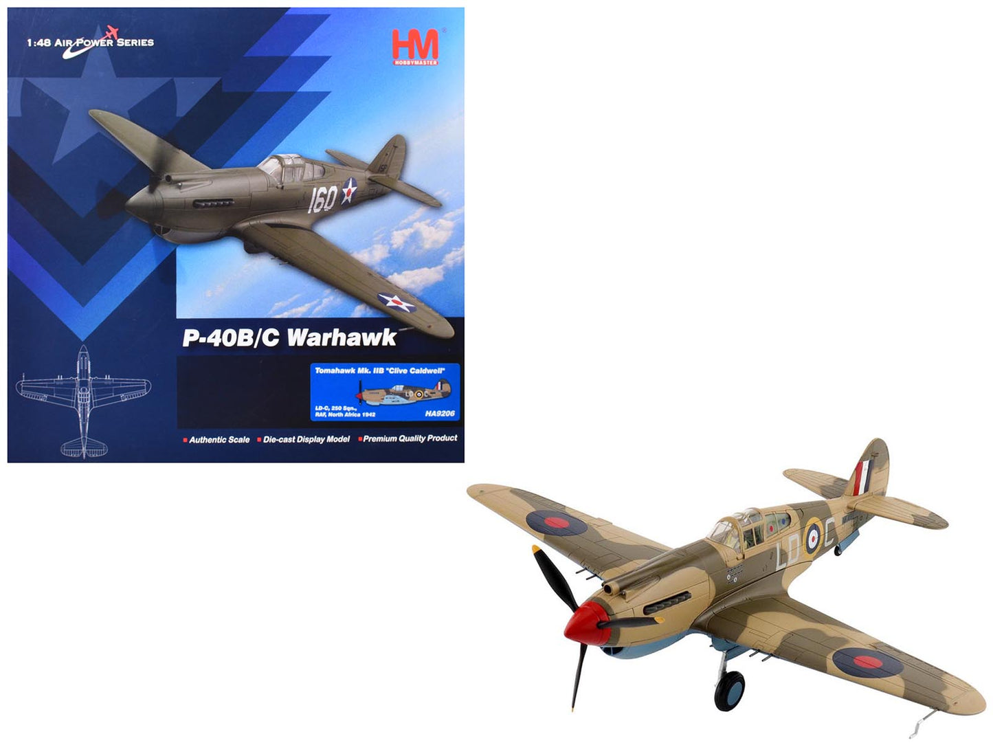 Curtiss P-40 Warhawk Tomahawk Mk IIB Aircraft "LD-C Clive Caldwell No. 250 Squadron North Africa" (1942) British Royal Air Force "Air Power Series" 1/48 Diecast Model by Hobby Master free shipping USA