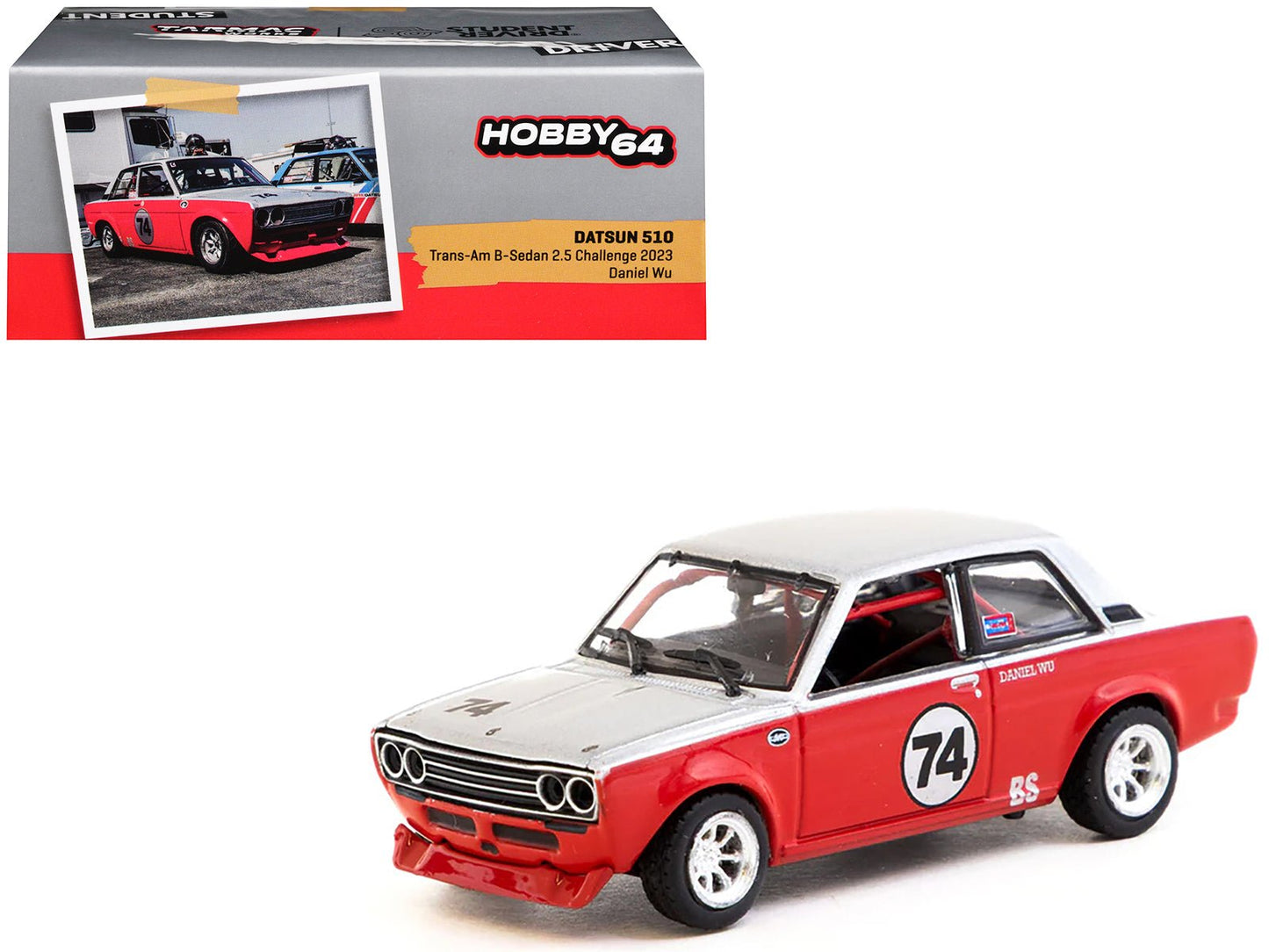 Datsun 510 #74 Daniel Wu "Trans-Am B-Sedan 2.5 Challenge" (2023) Silver and Red "Hobby64" Series 1/64 Diecast Model Car by Tarmac Works free shipping USA