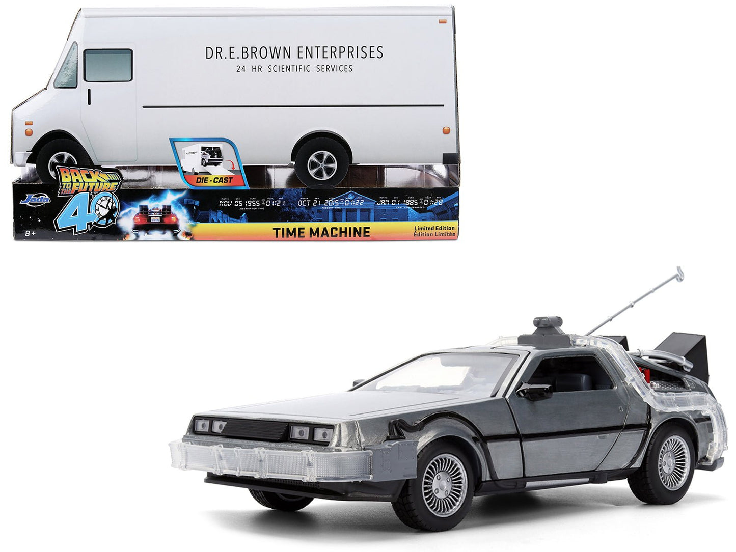 DeLorean Brushed Metal Time Machine with Lights "Back to the Future" (1985) Movie "40th Anniversary" Special Packaging "Hollywood Rides" Series 1/24 Diecast Model Car by Jada free shipping USA