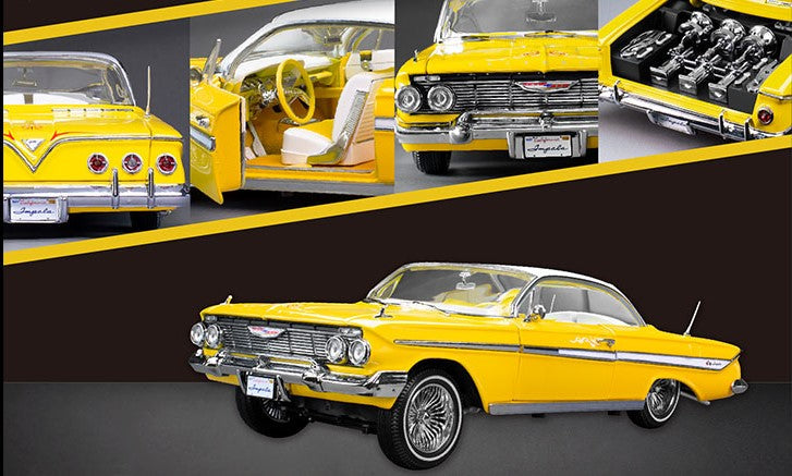 Sun-Star 1961 Chevy Impala Open Hard Top Lowrider w Movable Suspension Yellow 1:18