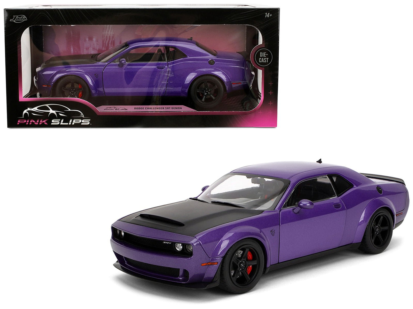 Dodge Challenger SRT Demon Purple Metallic with Matt Black Hood "Pink Slips" Series 1/18 Diecast Model Car by Jada free shipping USA
