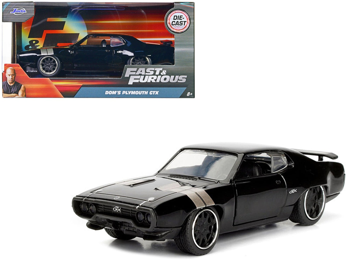 Dom's Plymouth GTX Black with Silver Stripes Fast & Furious F8 "The Fate of the Furious" Movie 1/32 Diecast Model Car by Jada free shipping USA