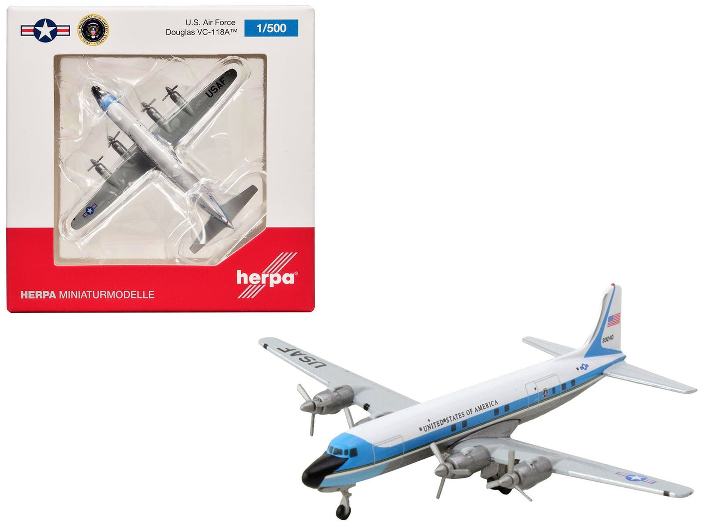 Douglas VC-118A Transport Aircraft "United States Air Force One 1254th Air Transport Wing Andrews Air Base" (53-3240) White with Blue Stripes 1/500 Diecast Model Airplane by Herpa free shipping USA
