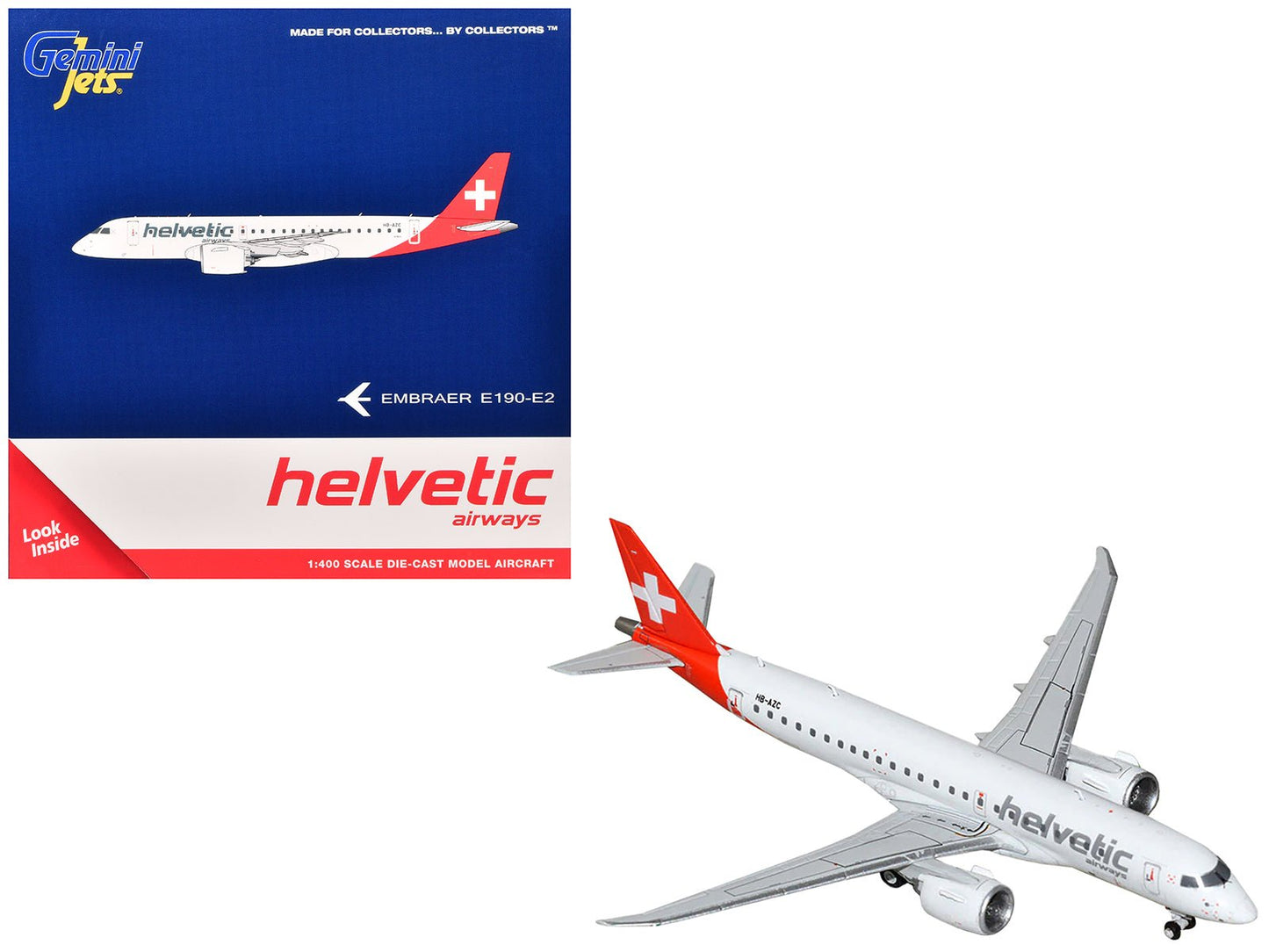 Embraer E190-E2 Commercial Aircraft "Helvetic Airways" (HB-AZC) White with Red Tail 1/400 Diecast Model Airplane by GeminiJets free shipping USA