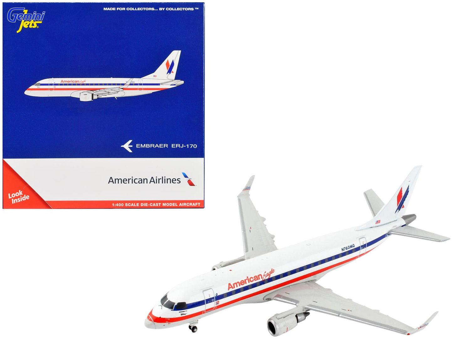 Embraer ERJ-170 Commercial Aircraft "American Airlines - American Eagle" White with Blue and Red Stripes 1/400 Diecast Model Airplane by GeminiJets free shipping USA