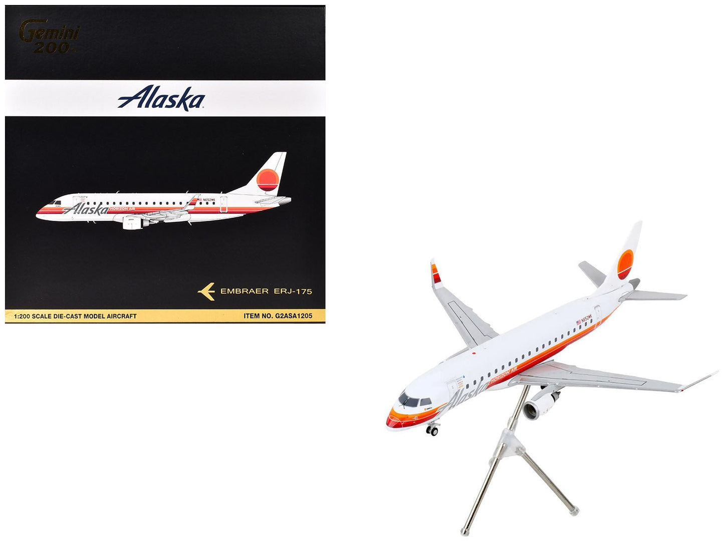 Embraer ERJ-175 Commercial Aircraft "Alaska Airlines - Horizon Air" (N652MK) White with Red and Orange Stripes "Gemini 200" Series 1/200 Diecast Model Airplane by GeminiJets free shipping USA