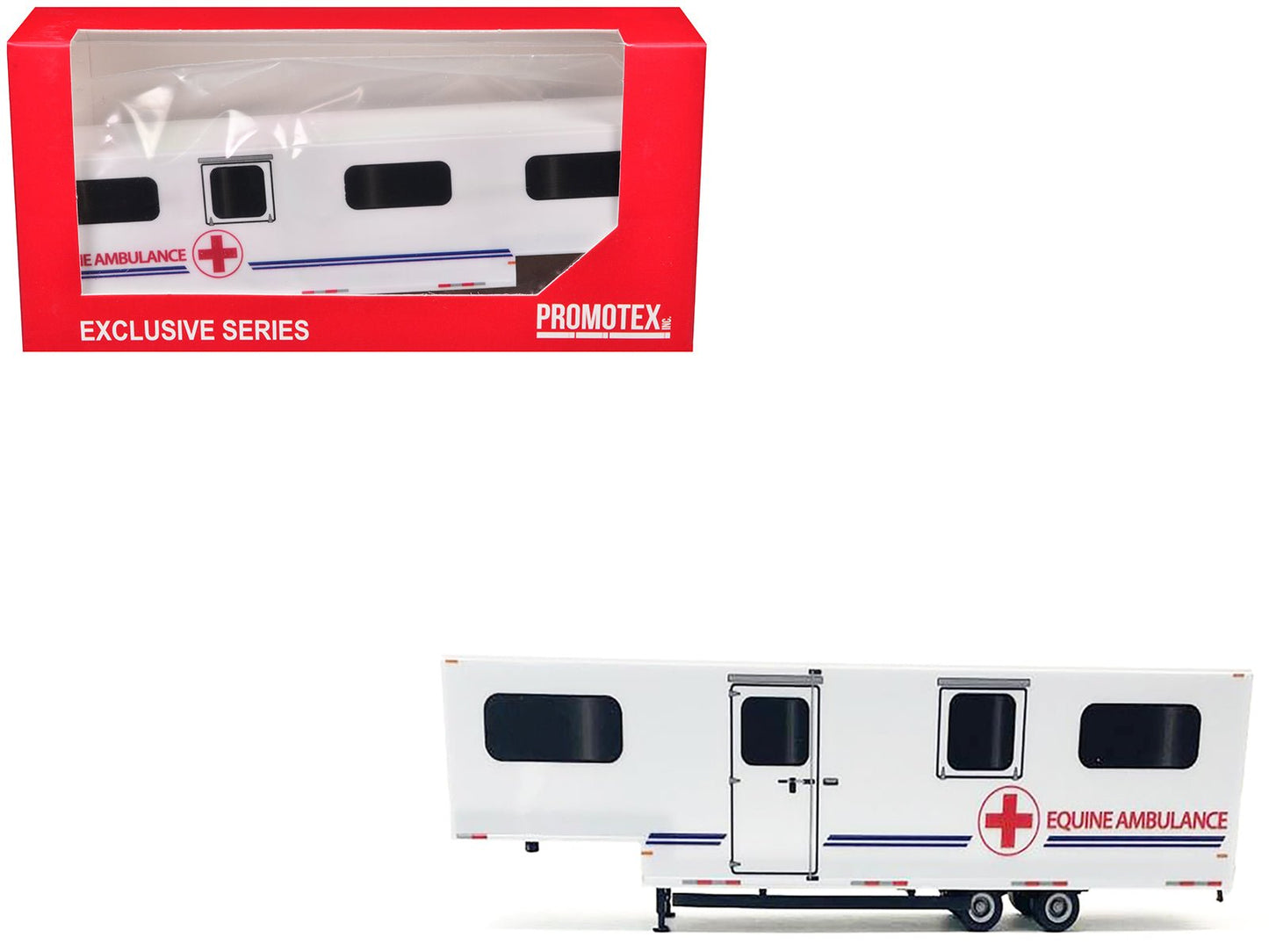 Equine Ambulance Trailer White with Blue Stripes 1/87 (HO) Plastic Model by Promotex free shipping USA