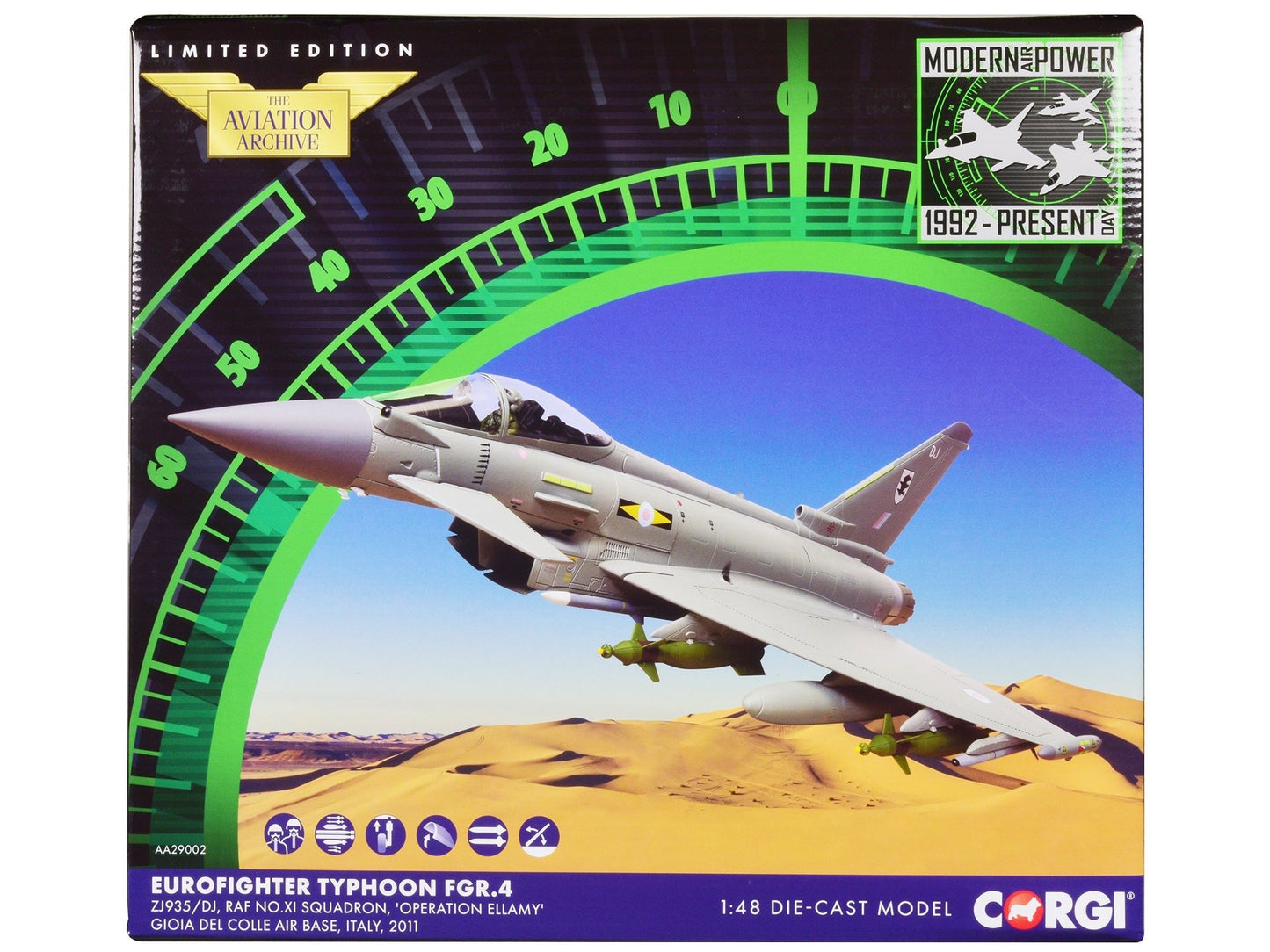 Eurofighter Typhoon FGR.4 Fighter Aircraft "RAF No.11 Squadron Operation Ellamy Gioia del Colle Air Base Italy" (2011) Royal Air Force "The Aviation Archive" Series 1/48 Diecast Model by Corgi free shipping USA