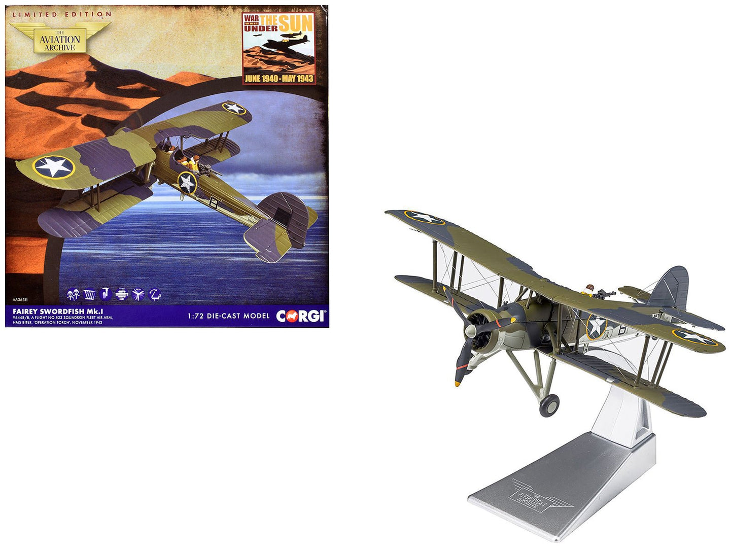 Fairey Swordfish Mk.I Bomber Aircraft "No. 833 Squadron of the Fleet Air Arm HMS Biter Operation Torch" (1942) British Royal Air Force "The Aviation Archive" Series 1/72 Diecast Model by Corgi free shipping USA