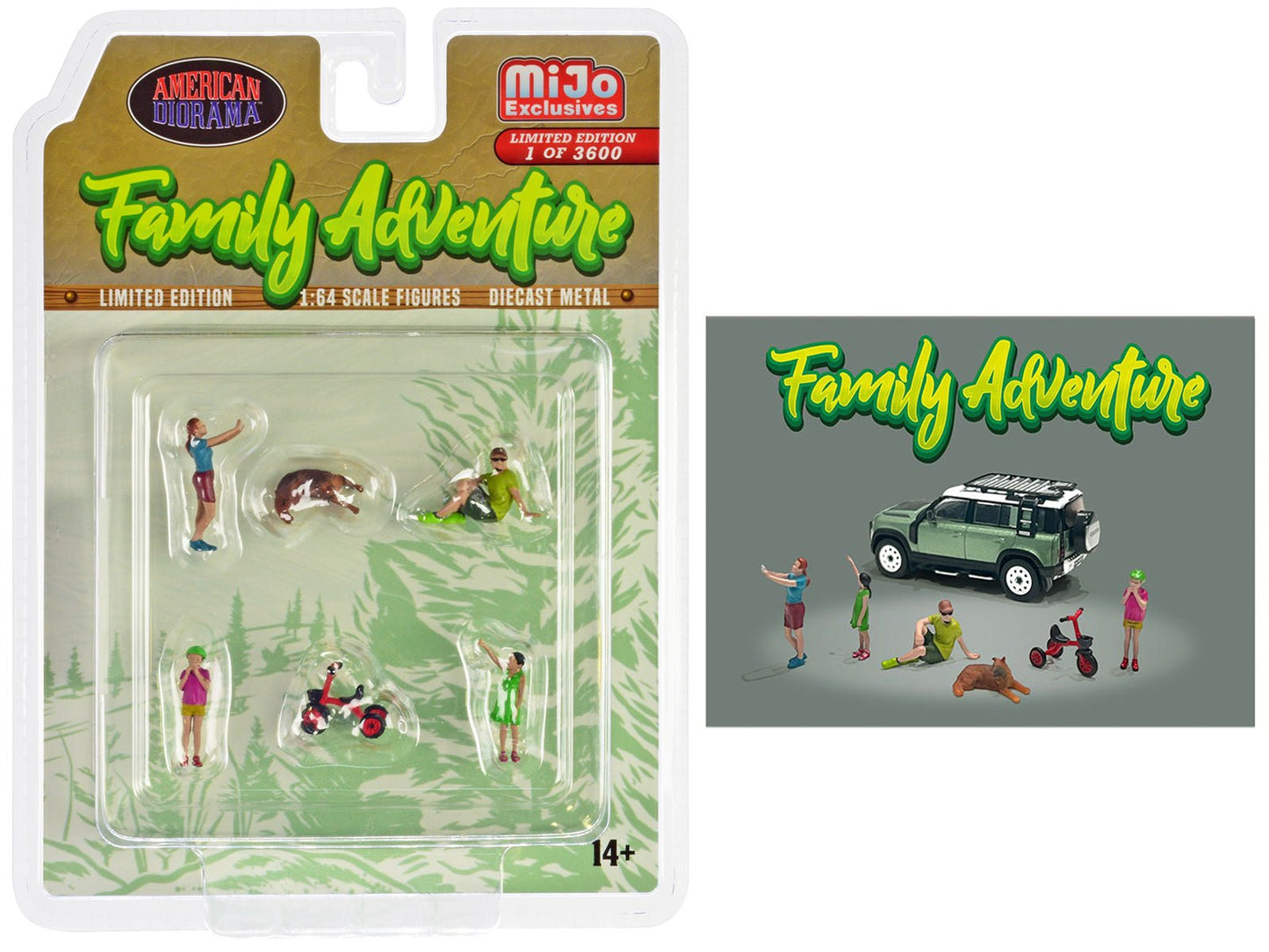 "Family Adventure" 6 piece Diecast Figure Set (4 Figures 1 Dog 1 Tricycle) Limited Edition to 3600 pieces Worldwide 1/64 Scale Models by American Diorama free shipping USA