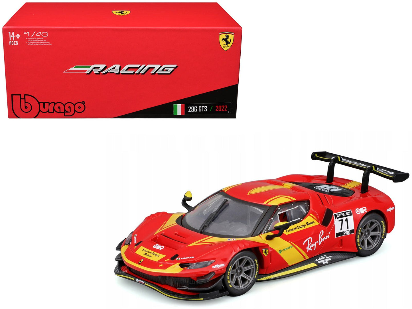 Ferrari 296 GT3 #71 Red "Francorchamps Motors" (2022) "Racing" Series with Display Case 1/43 Diecast Model Car by Bburago free shipping USA