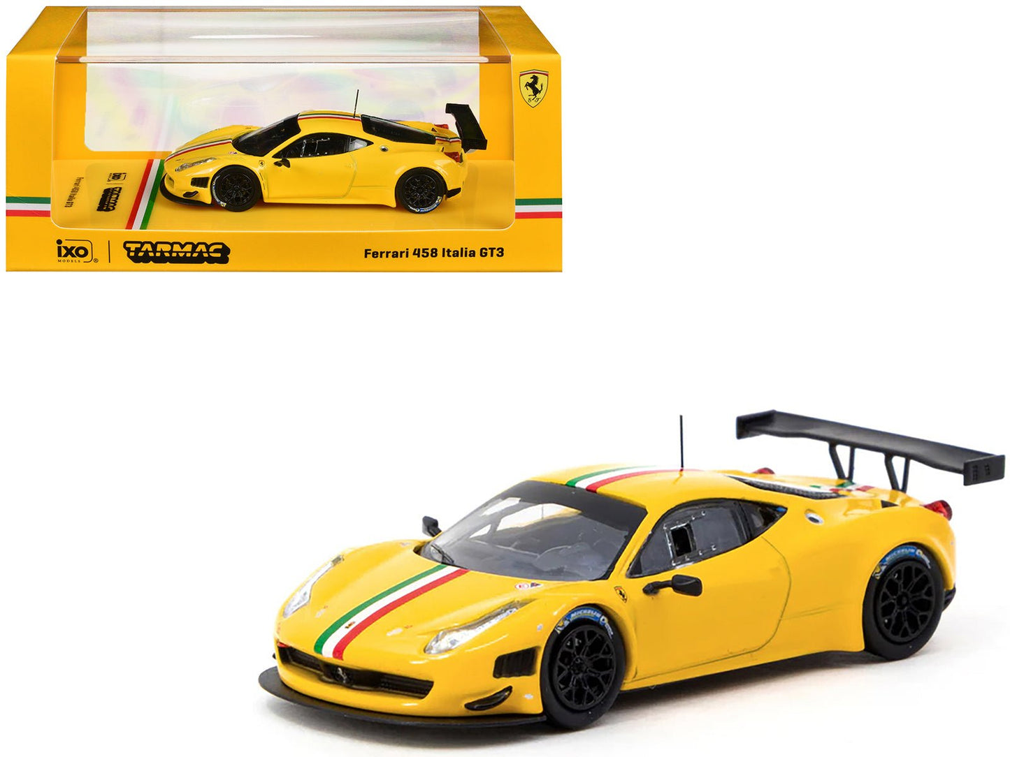Ferrari 458 Italia GT3 Yellow with Italian Flag Stripes "Road64" Series 1/64 Diecast Model Car by Tarmac Works free shipping USA
