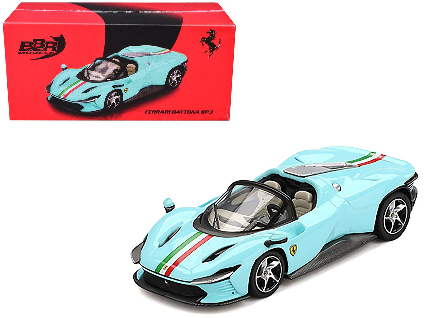 Ferrari Daytona SP3 Light Blue with Italian Flag Stripes 1/64 Diecast Model Car by BBR free shipping USA