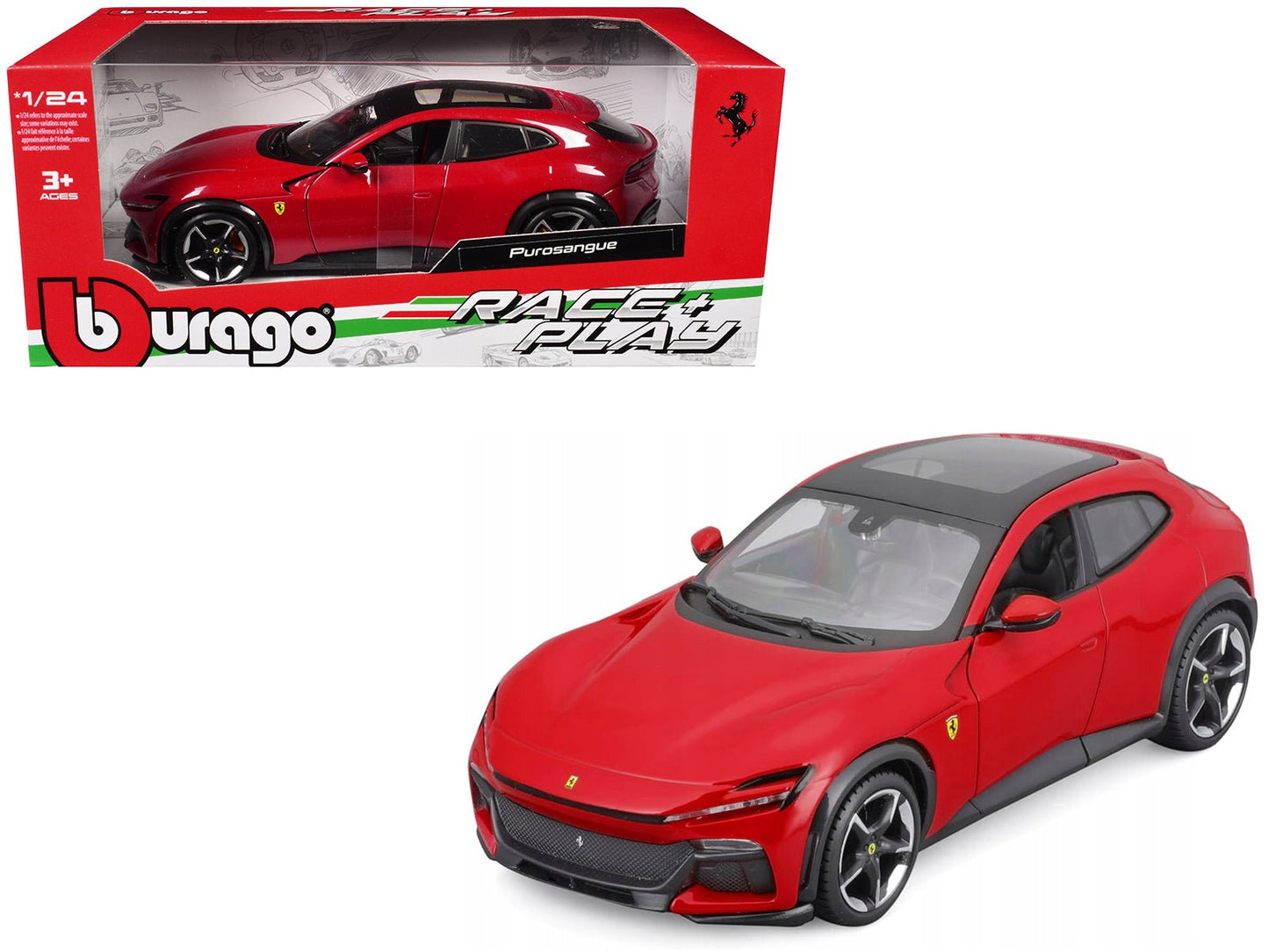 Ferrari Purosangue Red with Sunroof "Race + Play" Series 1/24 Diecast Model Car by Bburago free shipping USA