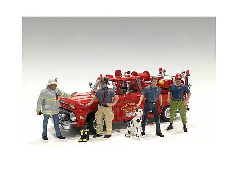 "Firefighters" 6 piece Figure Set (4 Males 1 Dog 1 Accessory) for 1/18 Scale Models by American Diorama free shipping USA