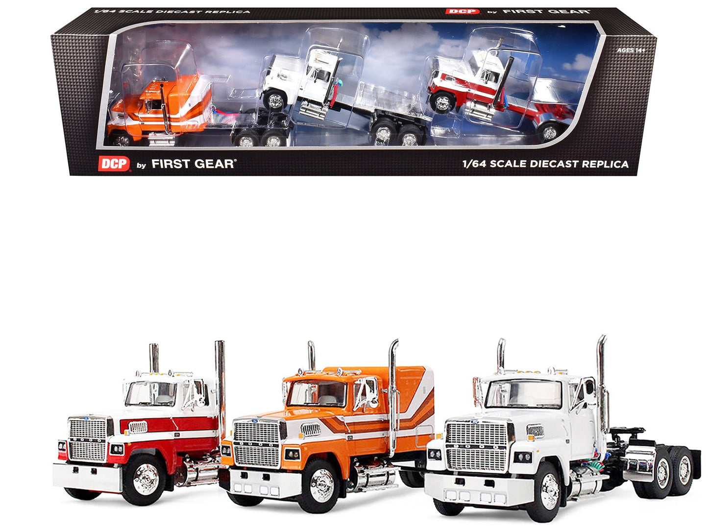 Ford LTL 9000 Trio Set (Two Day Cabs and One 60" Flat Top Sleeper) 1/64 Diecast Model by DCP/First Gear free shipping USA
