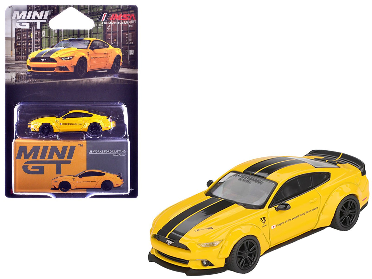 Ford Mustang "LB-Works" Triple Yellow with Black Stripes Limited Edition 1/64 Diecast Model Car by Mini GT free shipping USA