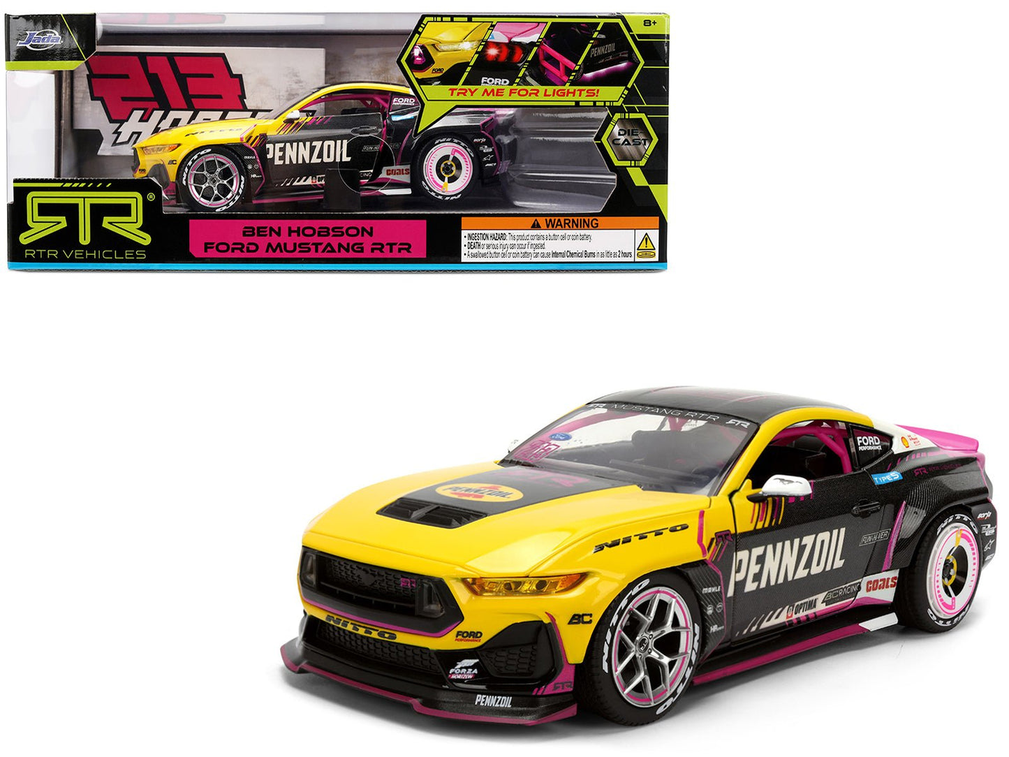 Ford Mustang RTR #213 Ben Hobson "Pennzoil" "Formula Drift PRO Championship" (2025) with Lights "RTR Vehicles" Series 1/24 Diecast Model Car by Jada free shipping USA
