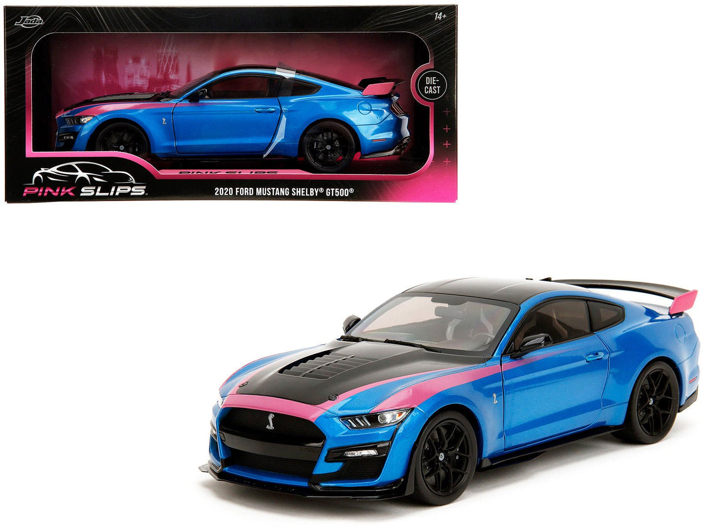 Ford Mustang Shelby GT500 Blue Metallic with Pink Stripes and Black Hood and Top "Pink Slips" Series 1/18 Diecast Model Car by Jada free shipping USA