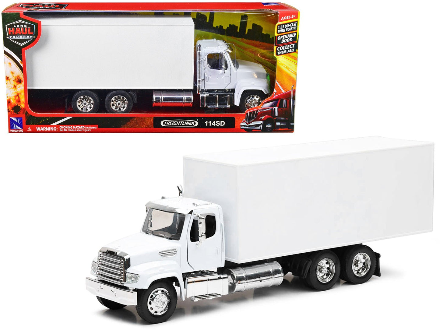 Freightliner 114SD Box Truck White "Long Haul Trucker" Series 1/32 Diecast Model by New Ray free shipping USA