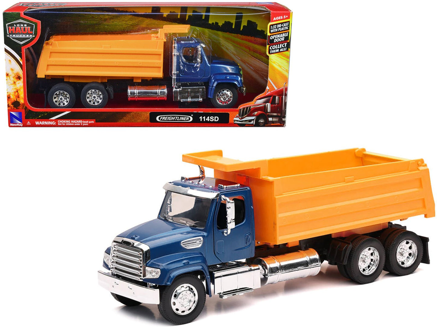 Freightliner 114SD Dump Truck Blue and Yellow "Long Haul Trucker" Series 1/32 Diecast Model by New Ray free shipping USA