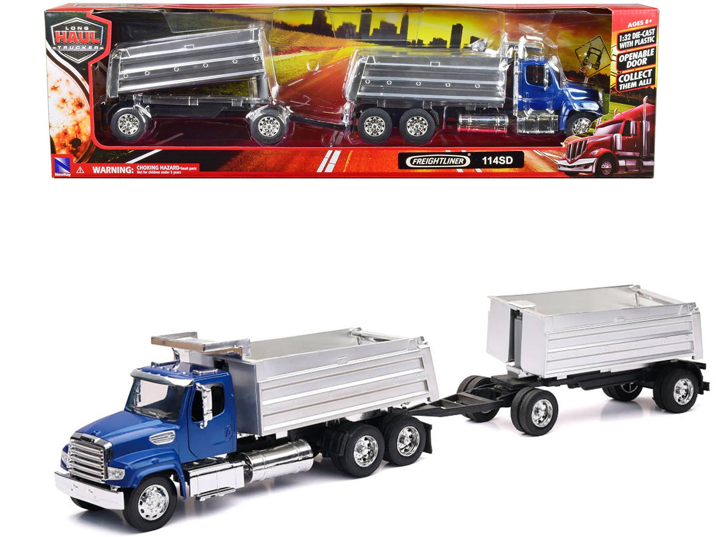 Freightliner 114SD Dump Truck with Twin Dump Body Blue "Long Haul Trucker" Series 1/32 Diecast Model by New Ray free shipping USA