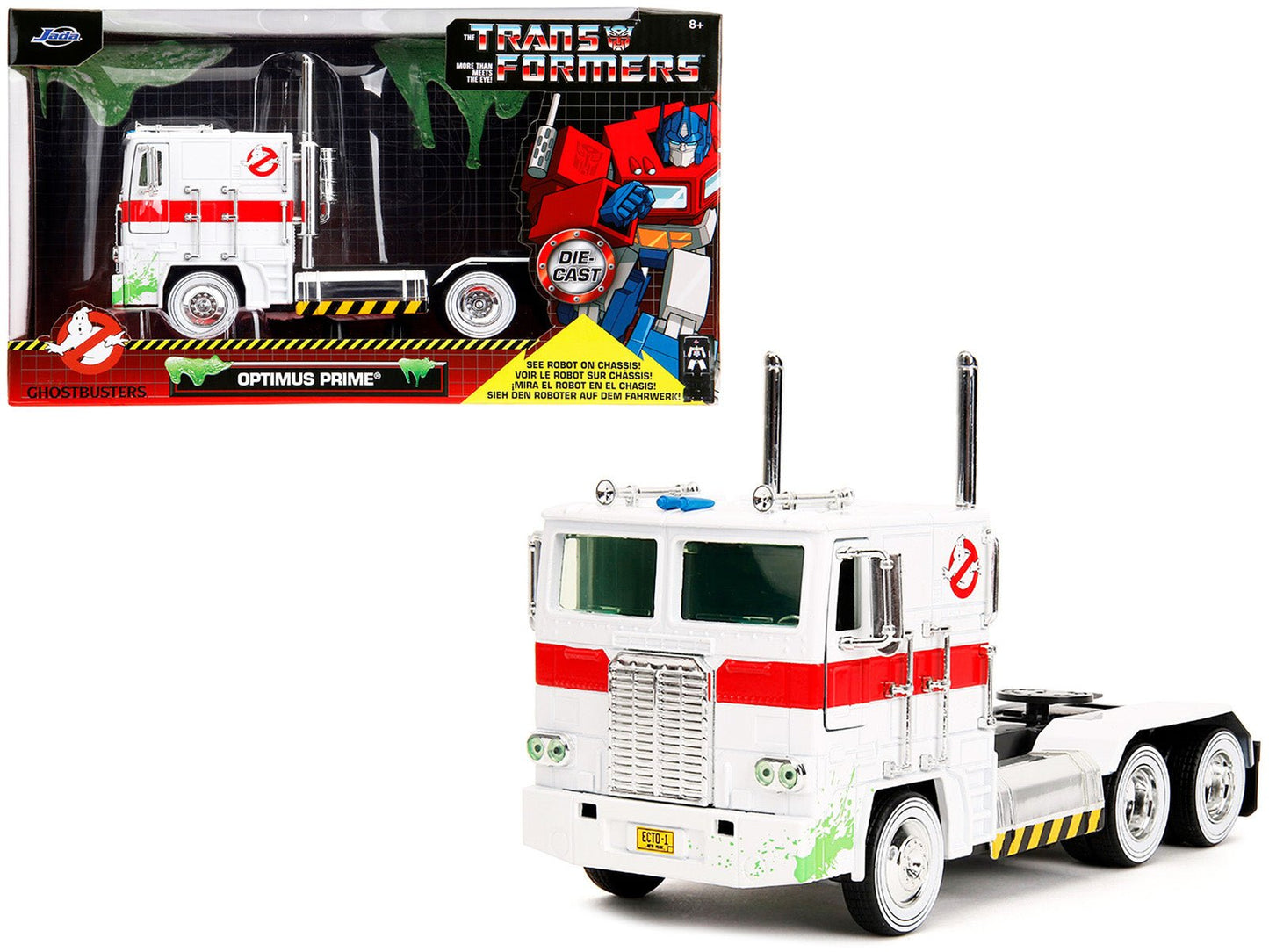 G1 Autobot Optimus Prime Truck White with Robot on Chassis from "Transformers" TV Series - "Ghostbusters" (1984) Movie Crossover "Hollywood Rides" Series 1/24 Diecast Model by Jada free shipping USA