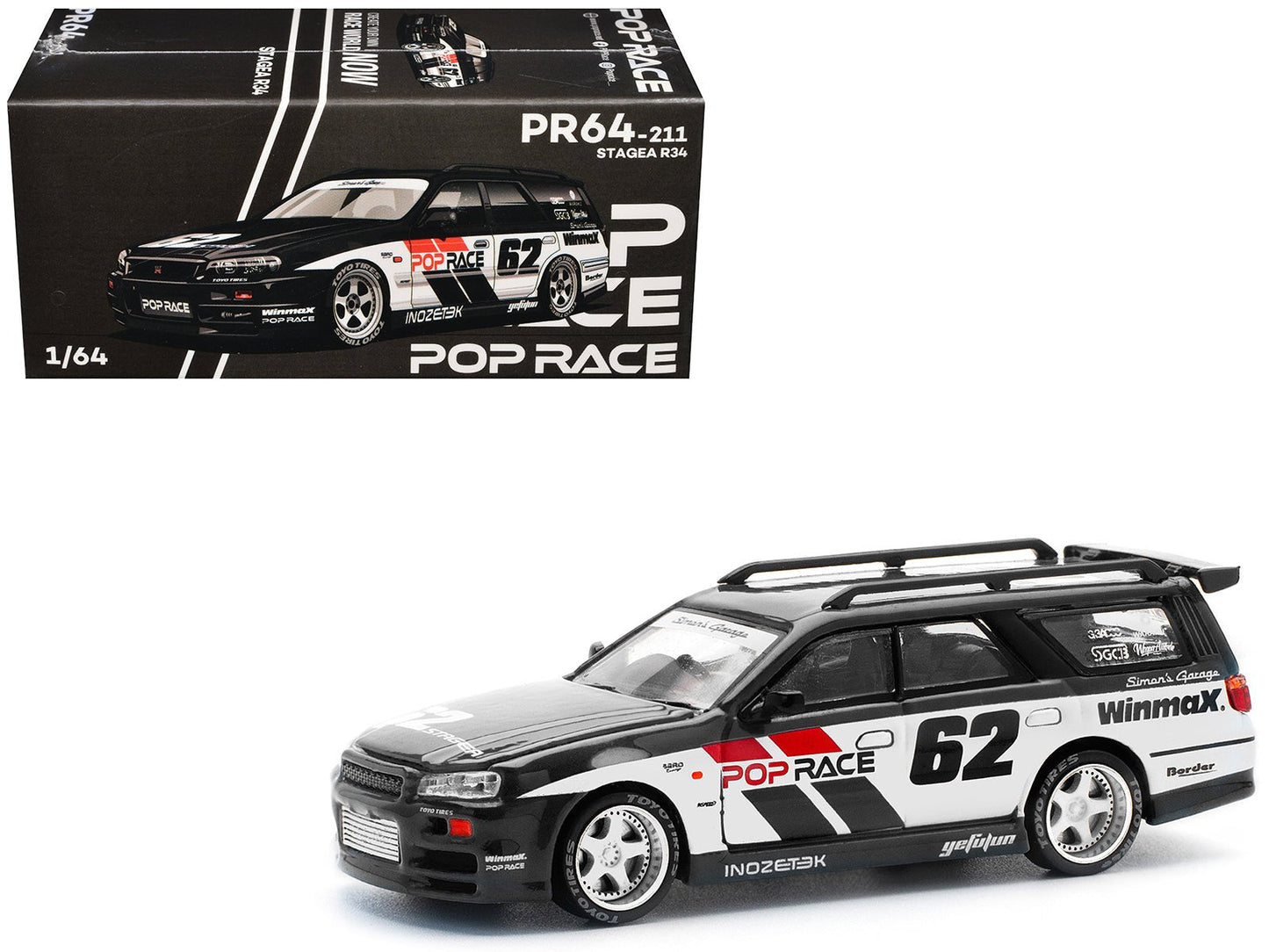 GT-R Stagea RHD (Right Hand Drive) #62 "Simon's Garage" Black with White Sides 1/64 Diecast Model Car by Pop Race free shipping USA