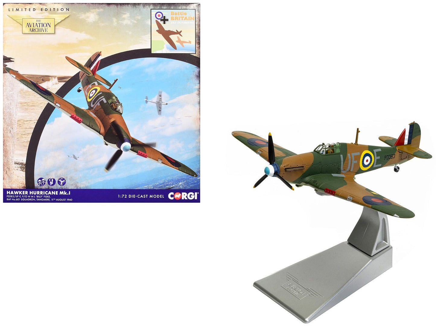 Hawker Hurricane Mk.I Fighter Aircraft "Pilot Officer William 'Billy' Fiske No. 601 Squadron Battle of Britain" (1940) British Royal Air Force "The Aviation Archive" Series 1/72 Diecast Model by Corgi free shipping USA