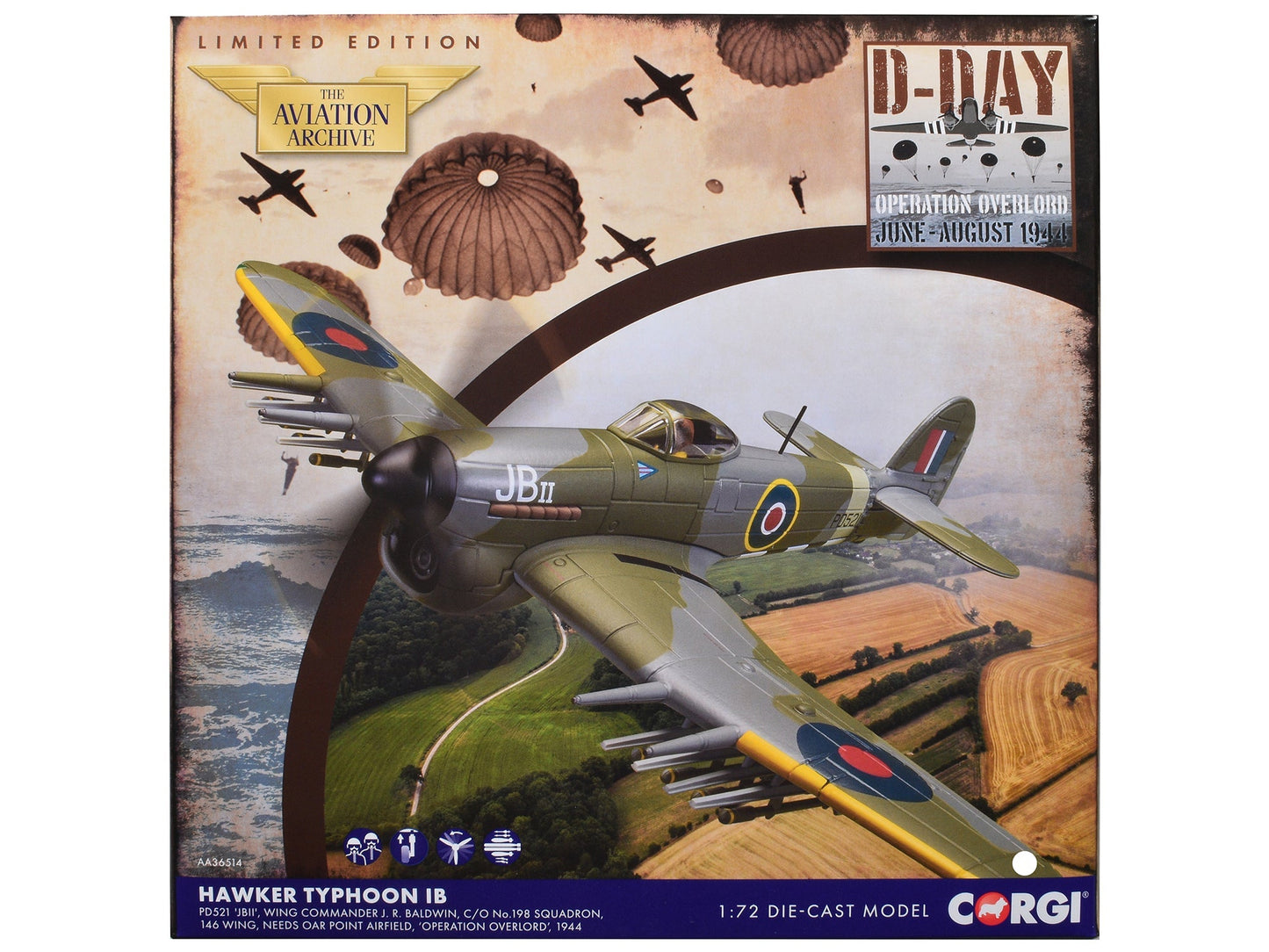 Hawker Typhoon IB Fighter-Bomber Aircraft "JB II No. 198 Squadron 146 Wing" (1944) British Royal Air Force "The Aviation Archive" Series 1/72 Diecast Model by Corgi free shipping USA