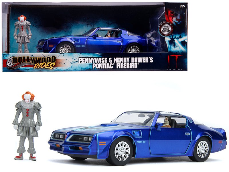 Henry Bower's Pontiac Firebird Trans Am Candy Blue with Pennywise Diecast Figurine "It Chapter Two" (2019) Movie 1/24 Diecast Model Car by Jada free shipping USA