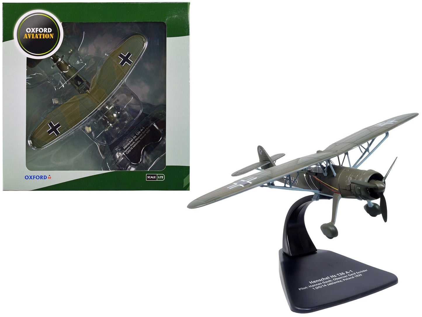 Henschel Hs 126 A-1 Reconnaissance Aircraft "Hannes Gaub Gerd Scroder 1.(H)/14 Invasion of Poland" (1939) German Luftwaffe "Oxford Aviation" Series 1/72 Diecast Model Airplane by Oxford Diecast free shipping USA