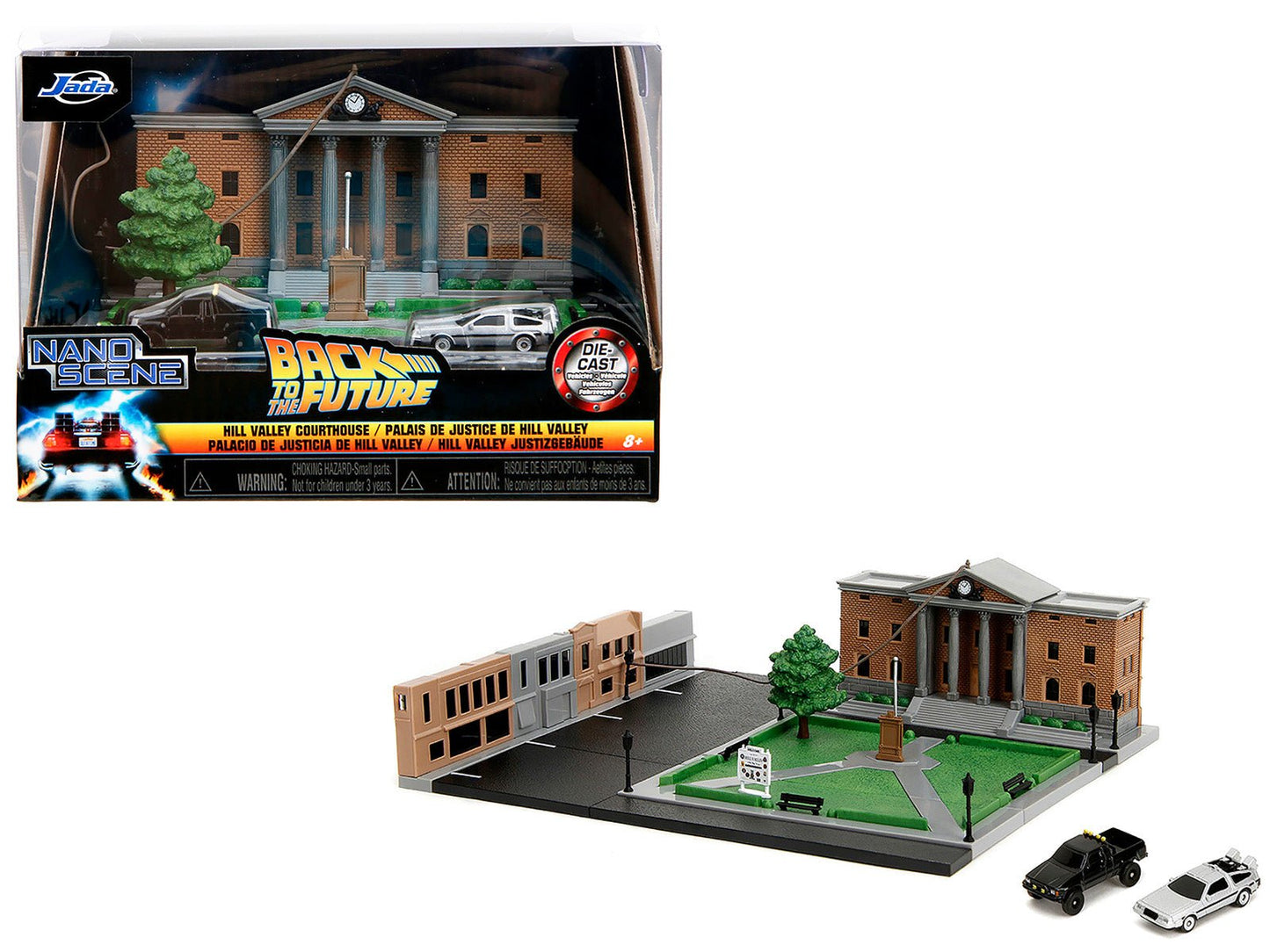 Hill Valley Courthouse Diorama with Black Pickup Truck and Delorean "Back to the Future" (1985) Movie "Nano Scene" Series Model by Jada free shipping USA