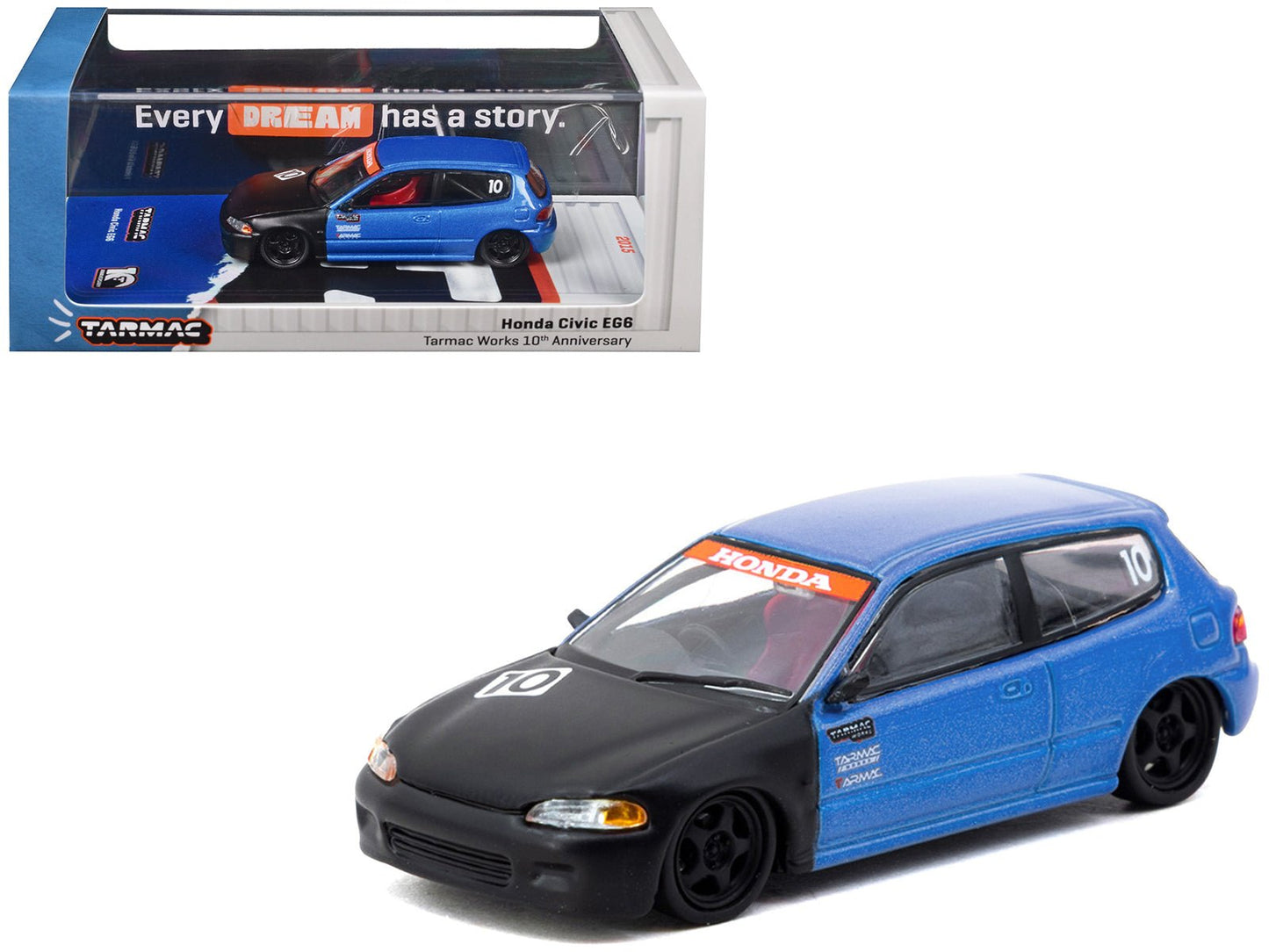 Honda Civic EG6 RHD (Right Hand Drive) #10 "Tarmac Works 10th Anniversary" Blue Metallic and Matt Black "Hobby64" Series 1/64 Diecast Model Car by Tarmac Works free shipping USA