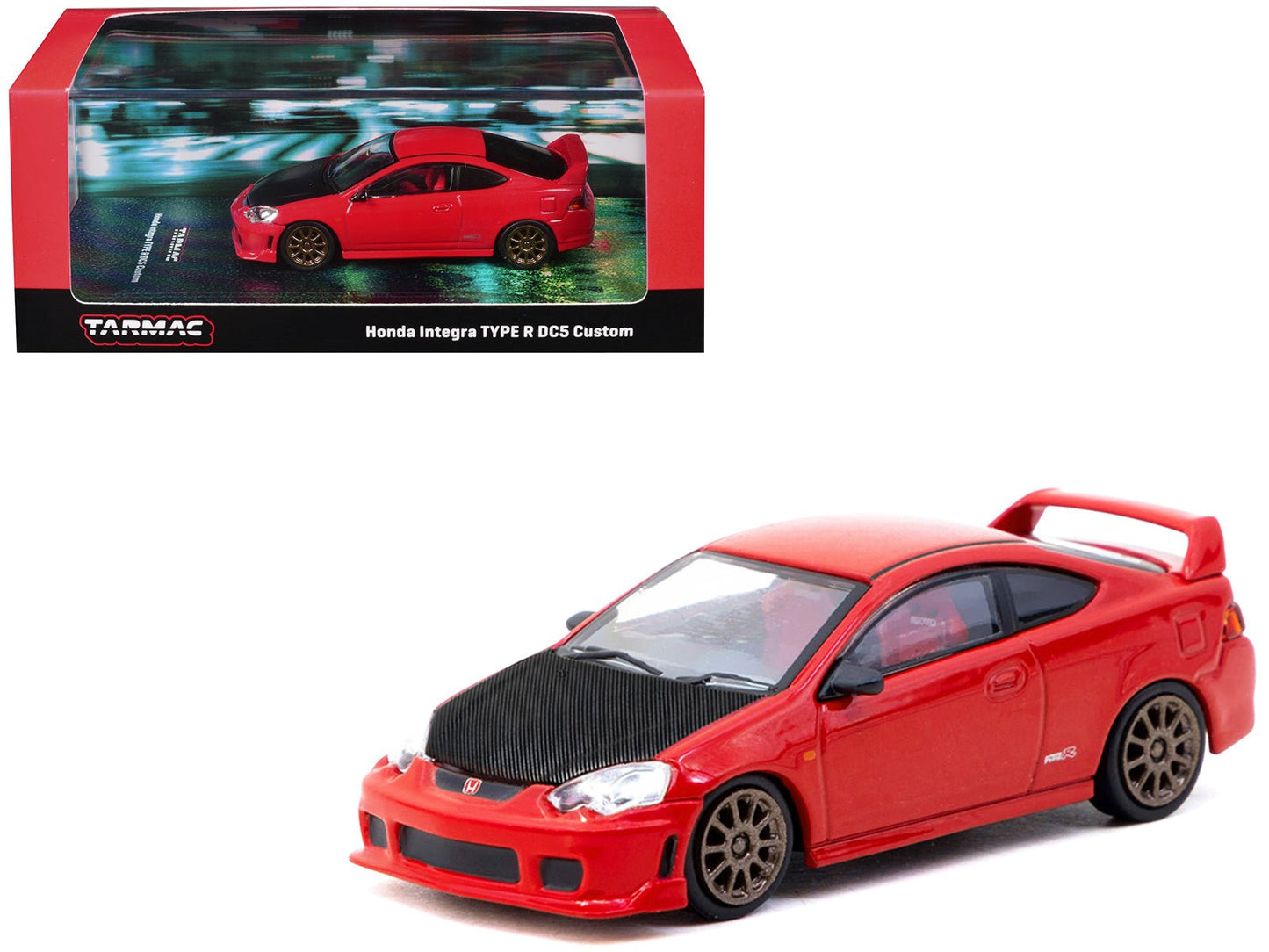Honda Integra Type R DC5 Custom RHD (Right Hand Drive) Red with Carbon Hood "Road64" Series 1/64 Diecast Model Car by Tarmac Works free shipping USA