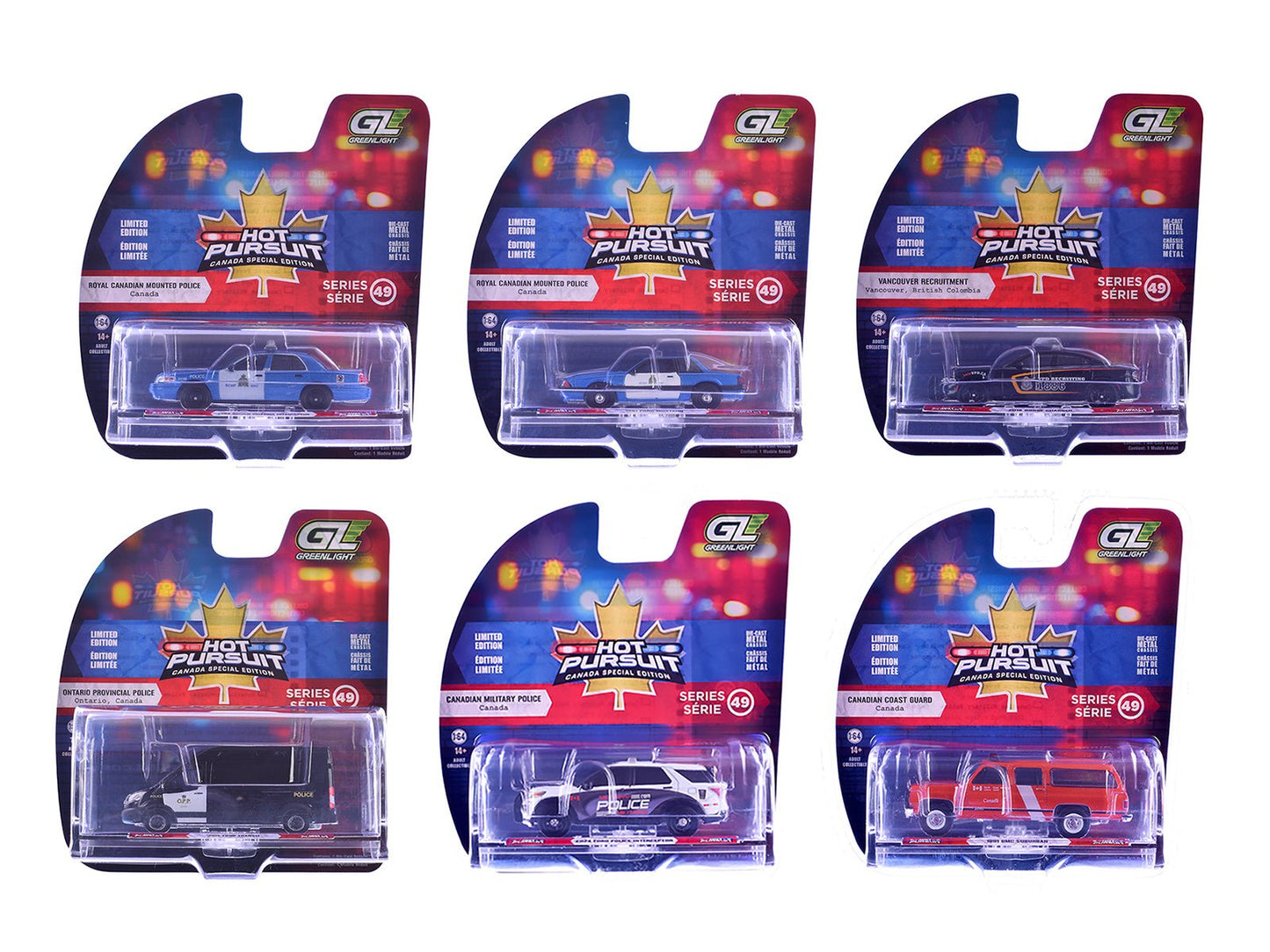"Hot Pursuit - Canada Special Edition" Set of 6 Police Cars 1/64 Diecast Model Cars by Greenlight free shipping USA