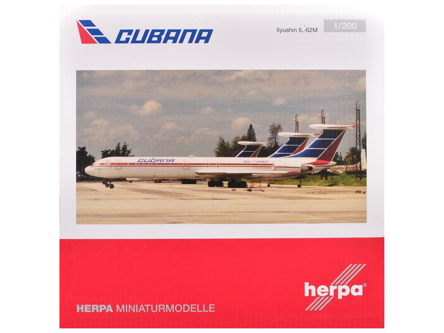 Ilyushin IL-62M Commercial Aircraft "Cubana de Aviacion" (T1280) White with Blue and Red Tail 1/200 Diecast Model Airplane by Herpa free shipping USA