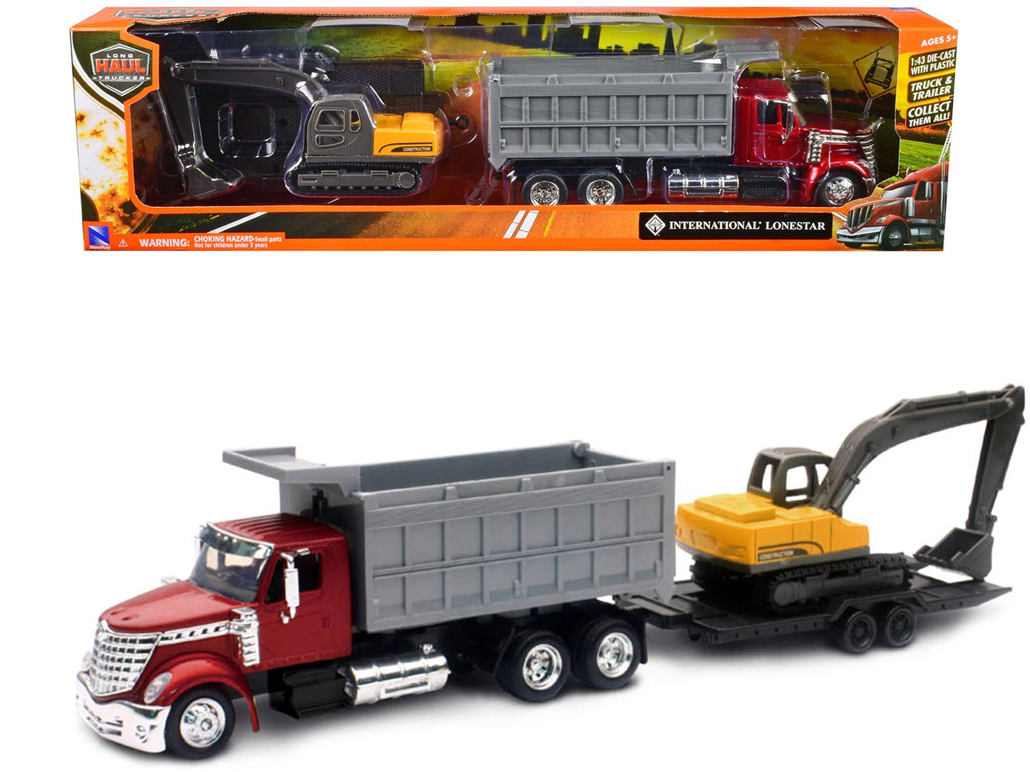 International Lonestar Dump Truck Red and Tracked Excavator Yellow with Flatbed Trailer "Long Haul Truckers" Series 1/43 Diecast Model by New Ray free shipping USA