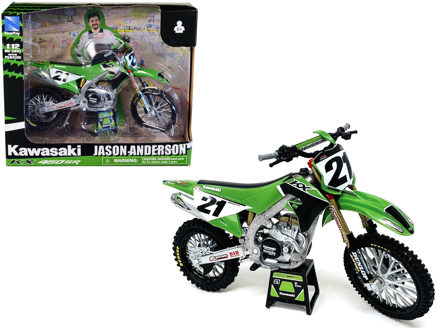 Kawasaki KX450SR Dirt Bike Motorcycle #21 Jason Anderson Green and Black "Kawasaki Racing Team" 1/12 Model by New Ray free shipping USA